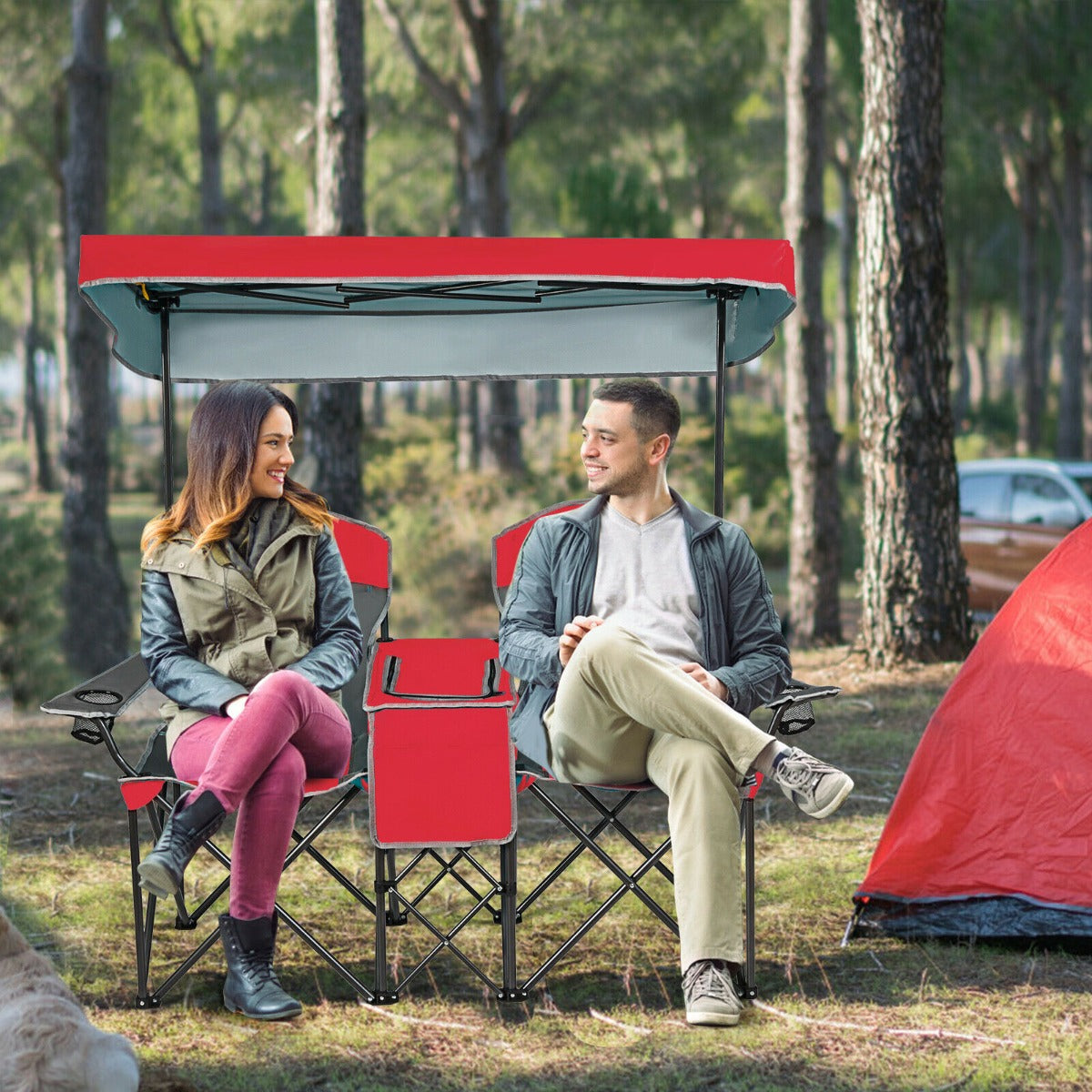 Double Folding Camping Chair with Canopy and Armrests-Blue