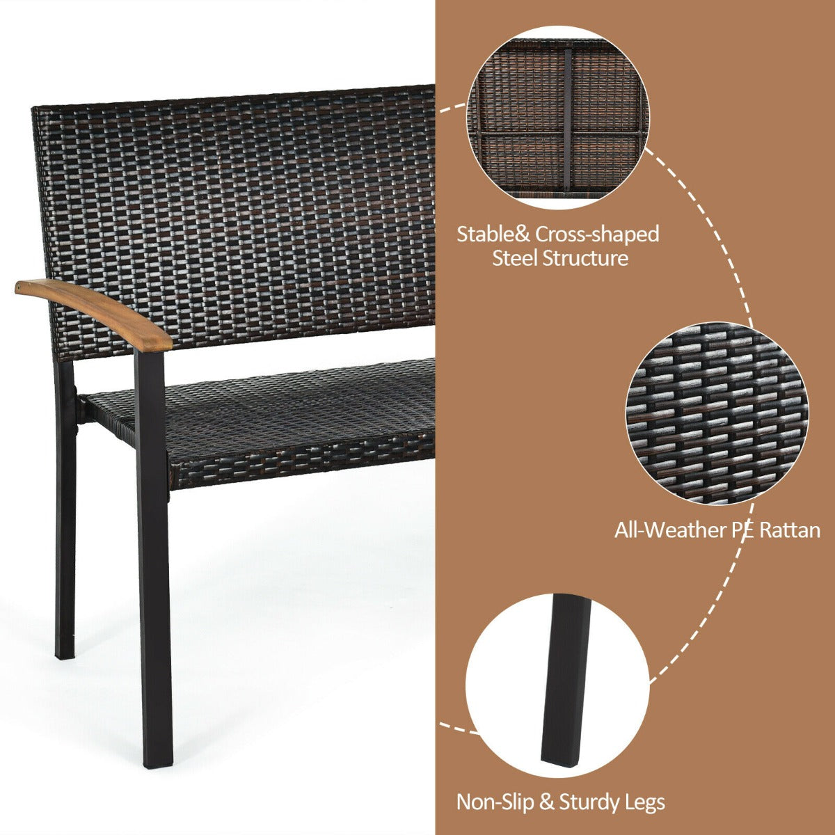 2 Seater Wicker Leisure Loveseat with Acacia Wood Armrests