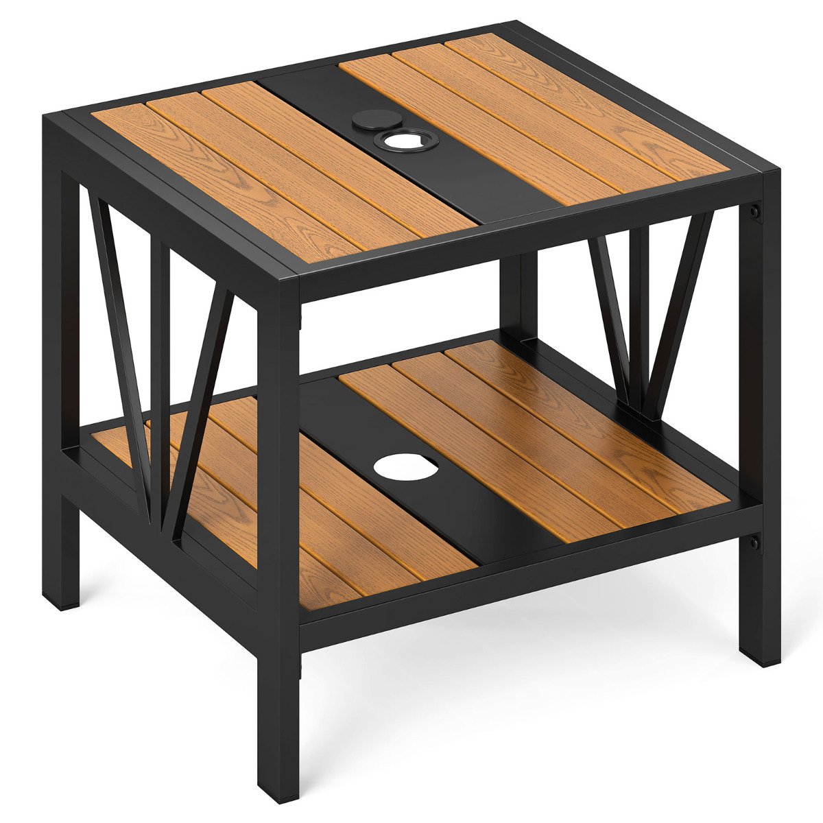 Outdoor Side Table with 4 CM Umbrella Hole and Storage Shelf