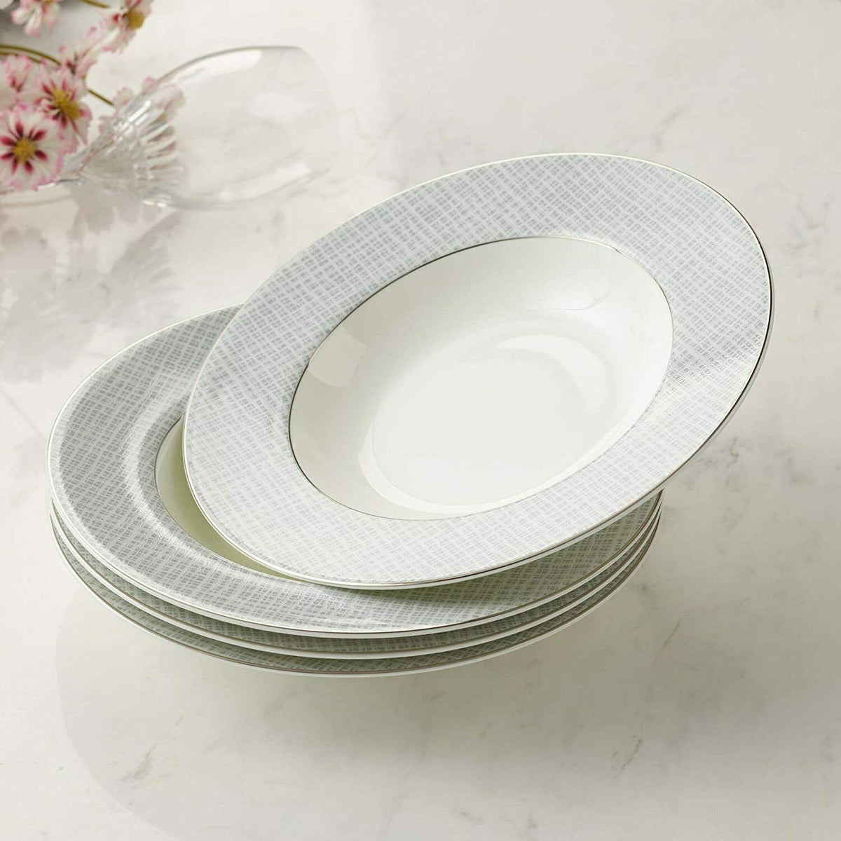 Soup Bowl Pasta Plates Set of 4 Classic Pattern with Silvering Banding