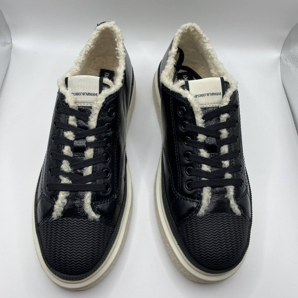 Emporio Armani Womens Black Leather Trainers Faux Fur UK 5 EU 38 Sneakers