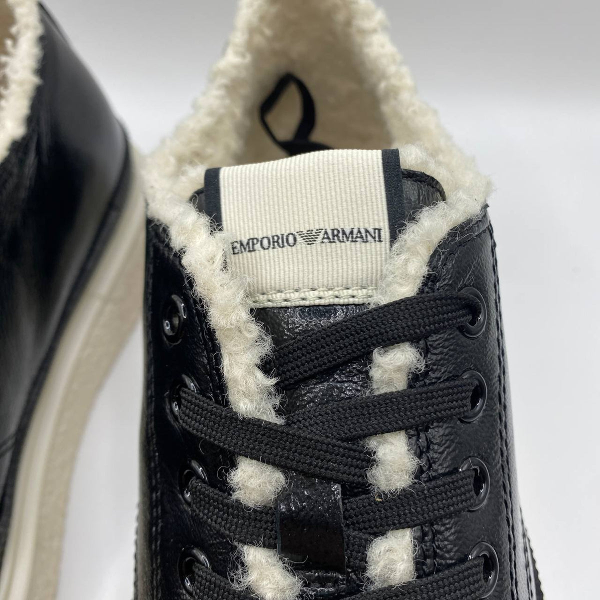 Emporio Armani Womens Black Leather Trainers Faux Fur UK 5 EU 38 Sneakers