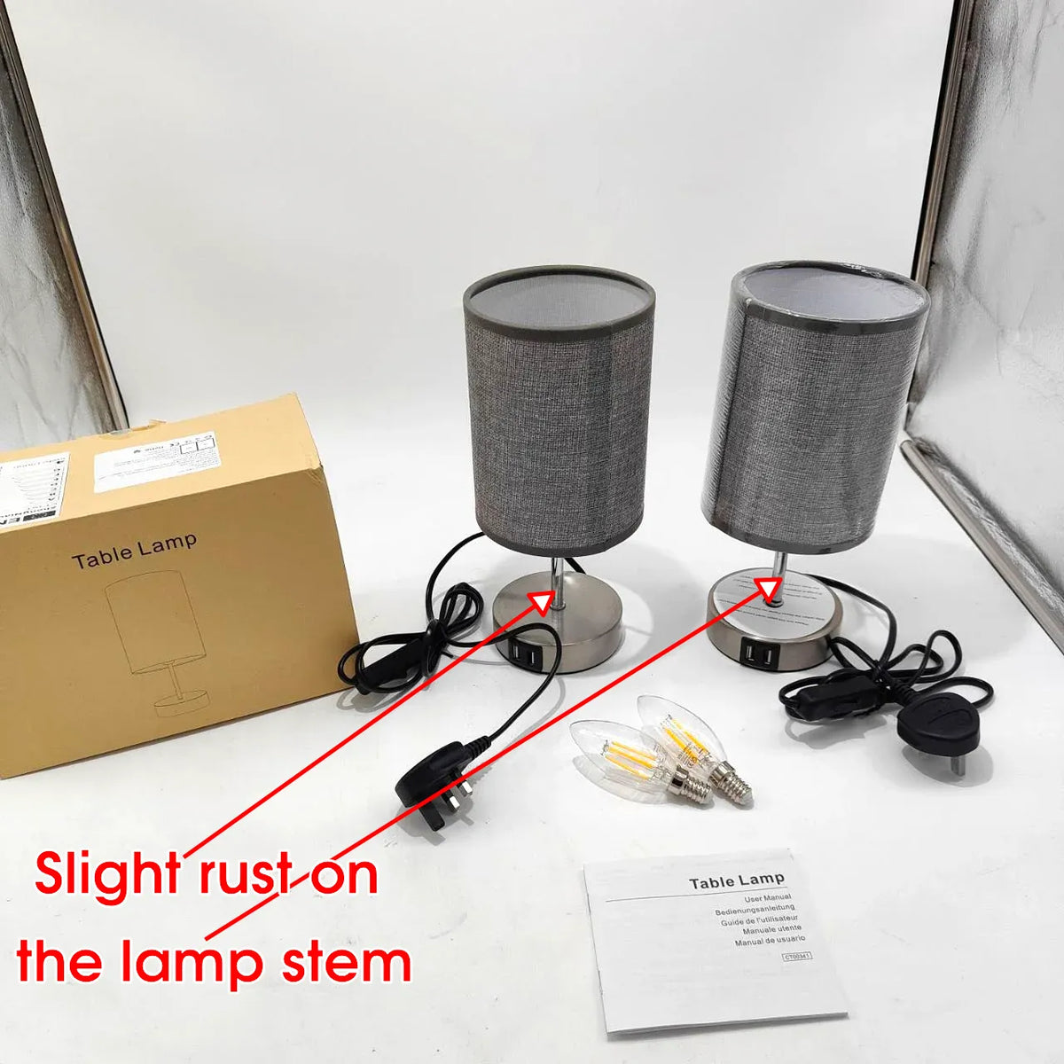 Lightess 2x Touch Bedside Lamps Grey, USB, Dimmable, E14 Bulbs Included