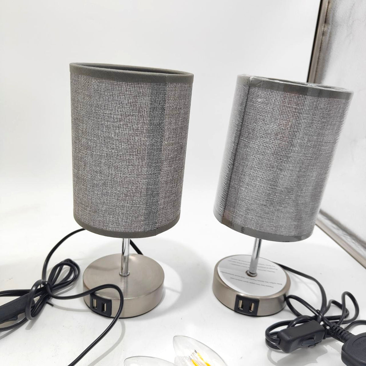 Lightess 2x Touch Bedside Lamps Grey, USB, Dimmable, E14 Bulbs Included