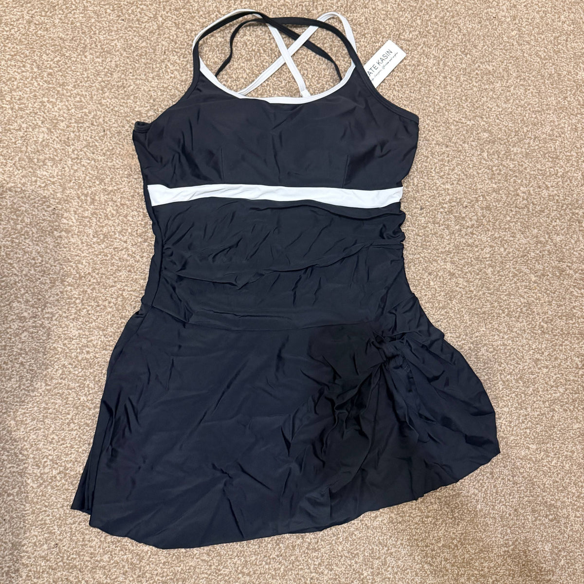 Women Swimsuit One Piece U-Neck Cross Skirted Size L Black