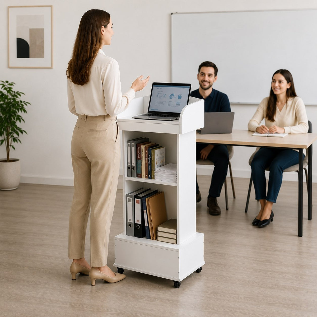 Lectern Podium Stand White Lockable Wheels Storage Shelves Portable lesolar Desk