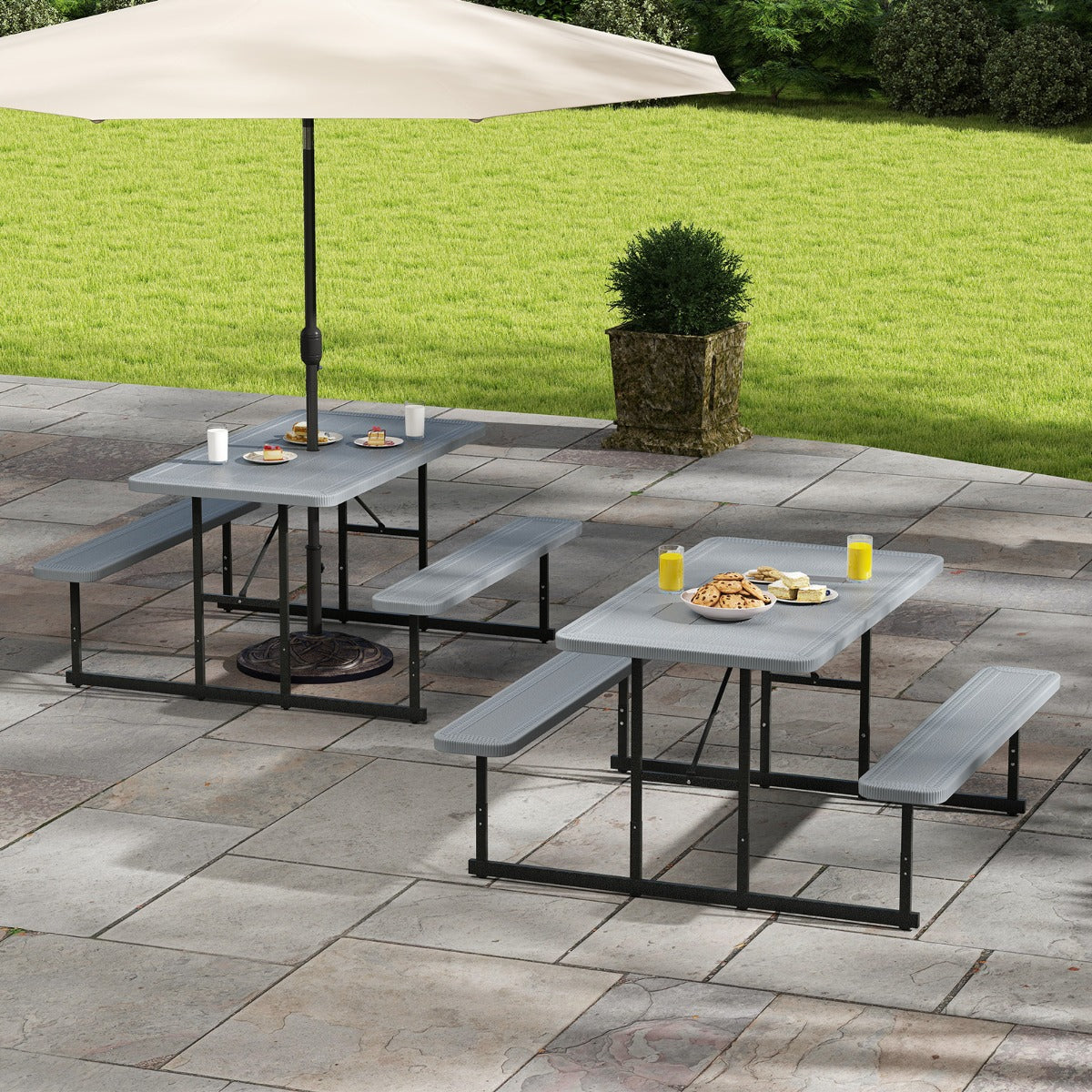 Outdoor Rectangular Camping Dining Table and 2 Benches with Umbrella Hole-Grey