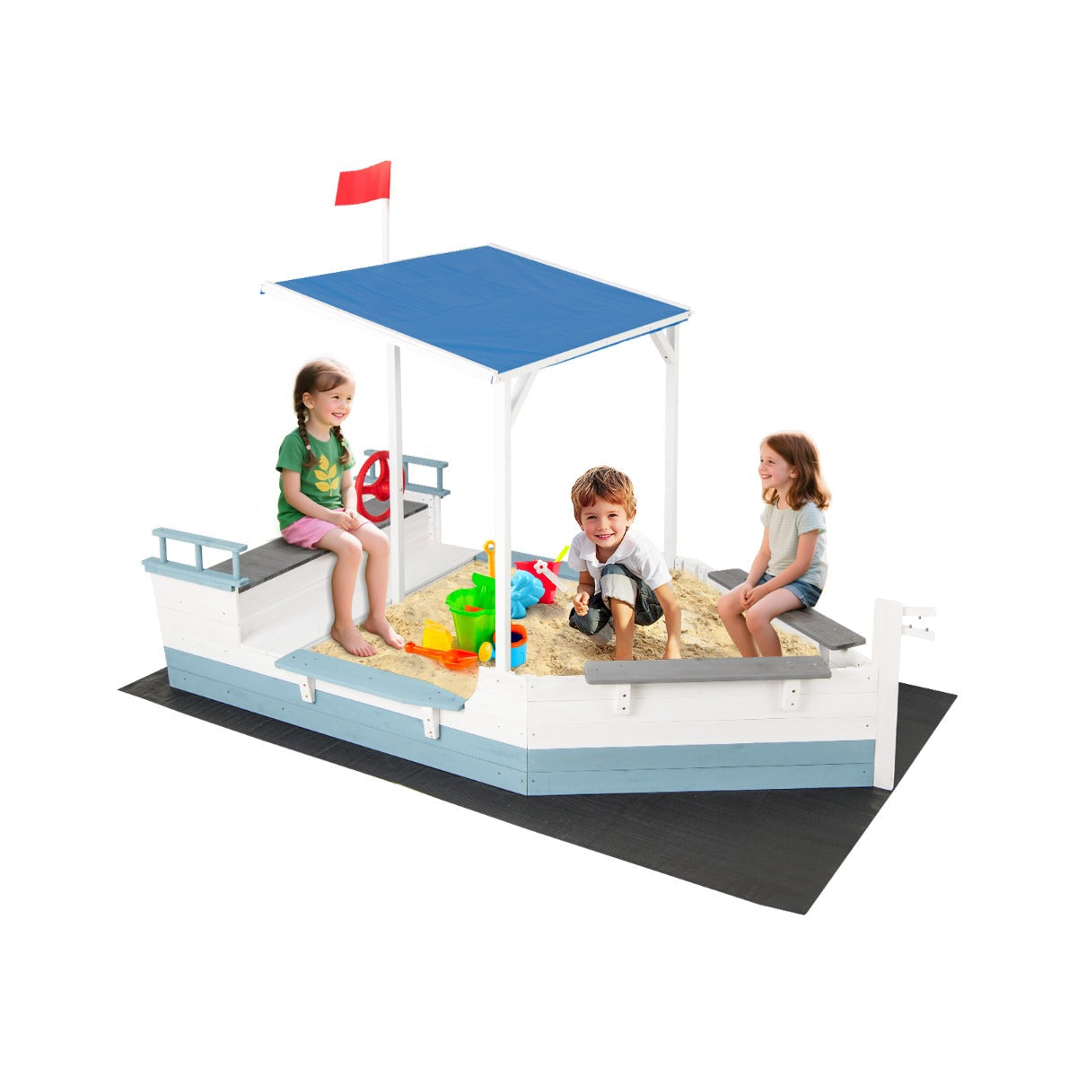 Pirate Ship Sandbox with Canopy with Flag Rudder Bench Seats-White