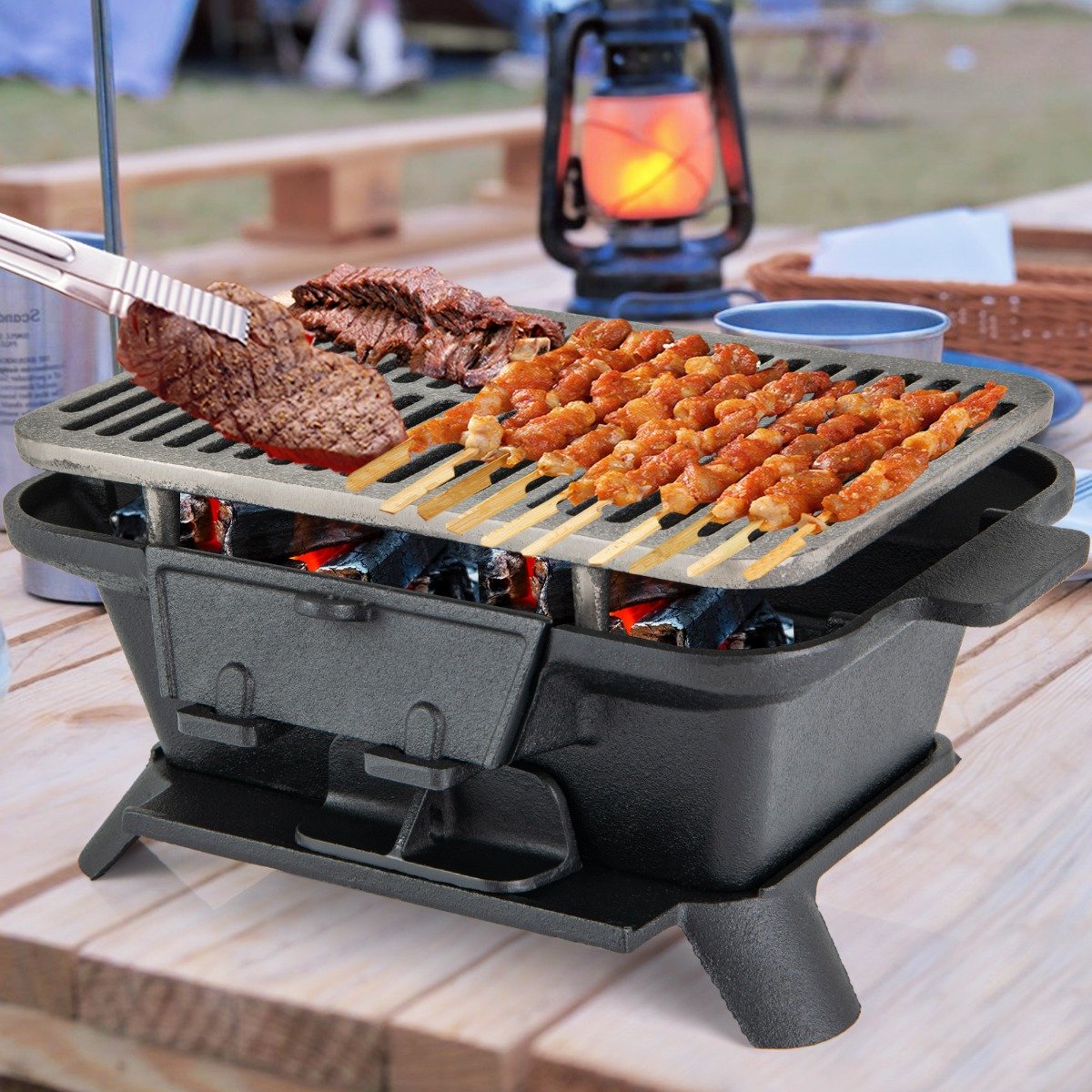 Portable Charcoal Grill with Double-sided Grilling Net