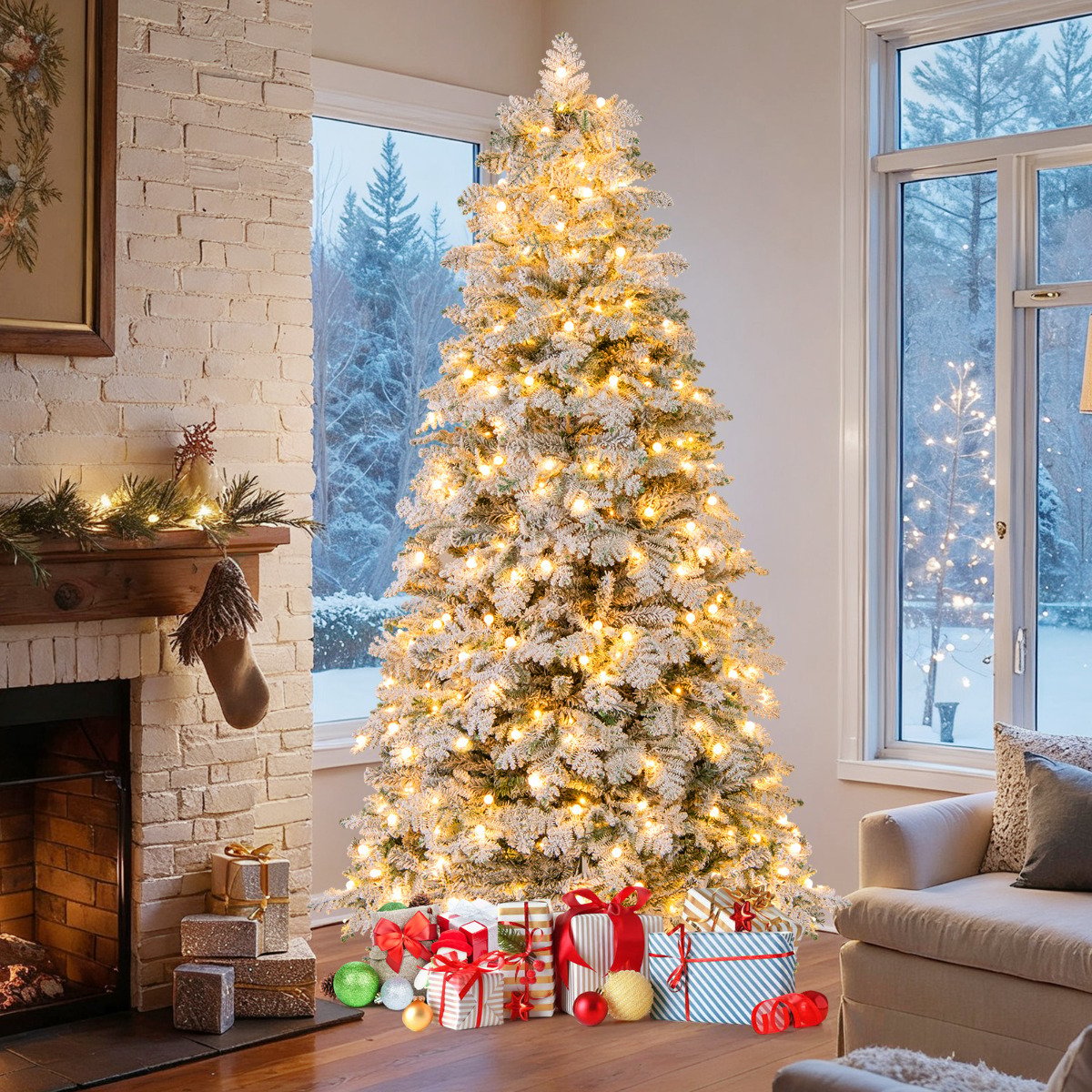 Pre-Lit Artificial Christmas Tree with Mixed Branch Tips-180 cm