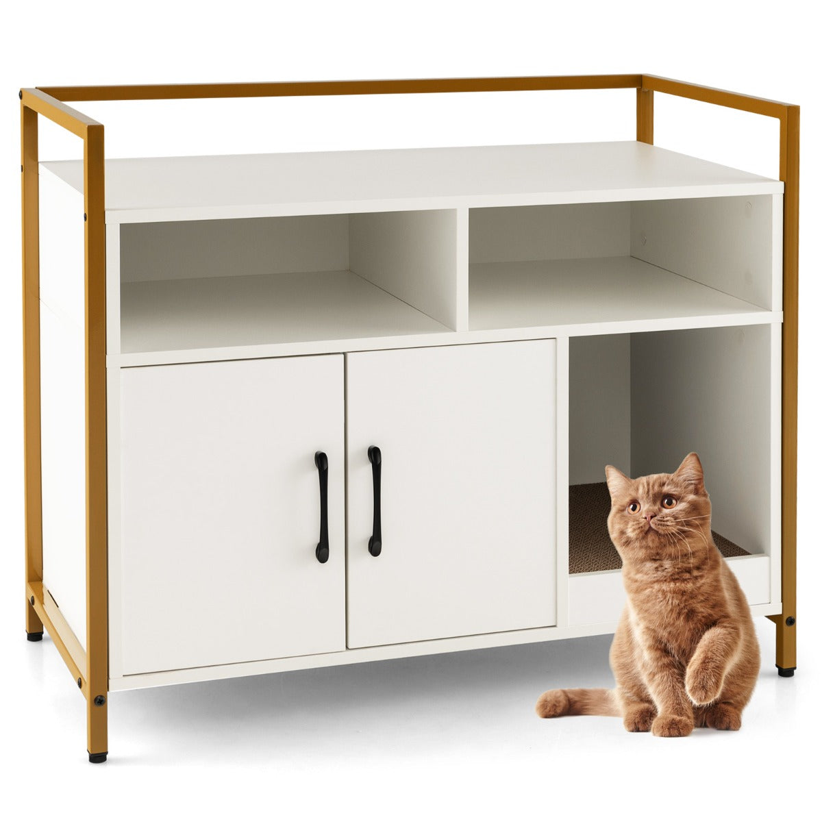 Wooden Cat Litter Box Enclosure with Compartments and Scratching Board-Black