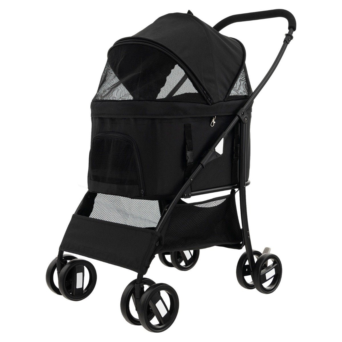 Foldable Pet Stroller with 4-Level Adjustable Canopy and Storage Basket-Black