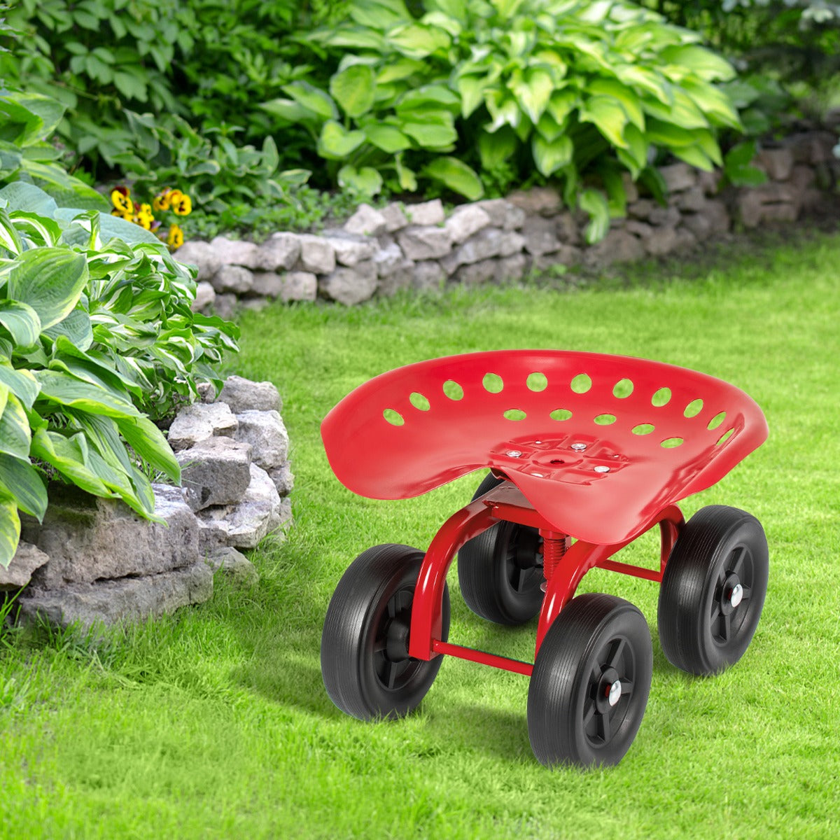 Rolling Garden Workseat with 360°Swivel Seat and Adjustable Height-Blue