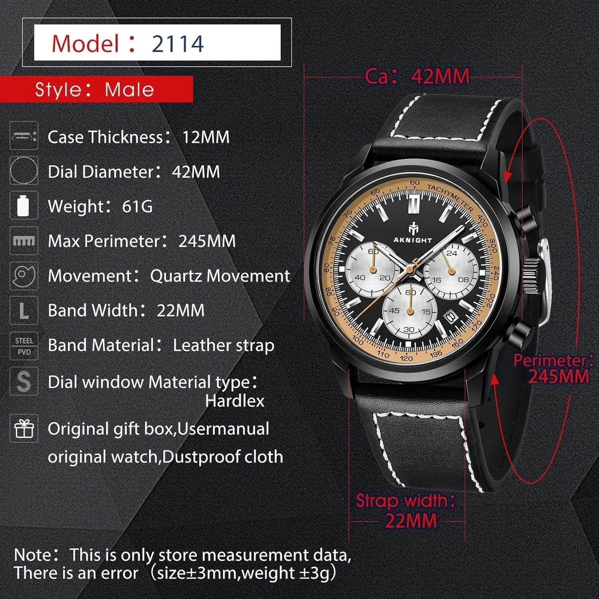 Aknight Men's Chronograph-Style Wrist Watch – Black Case, Genuine Leather Strap, Black & Gold Dial