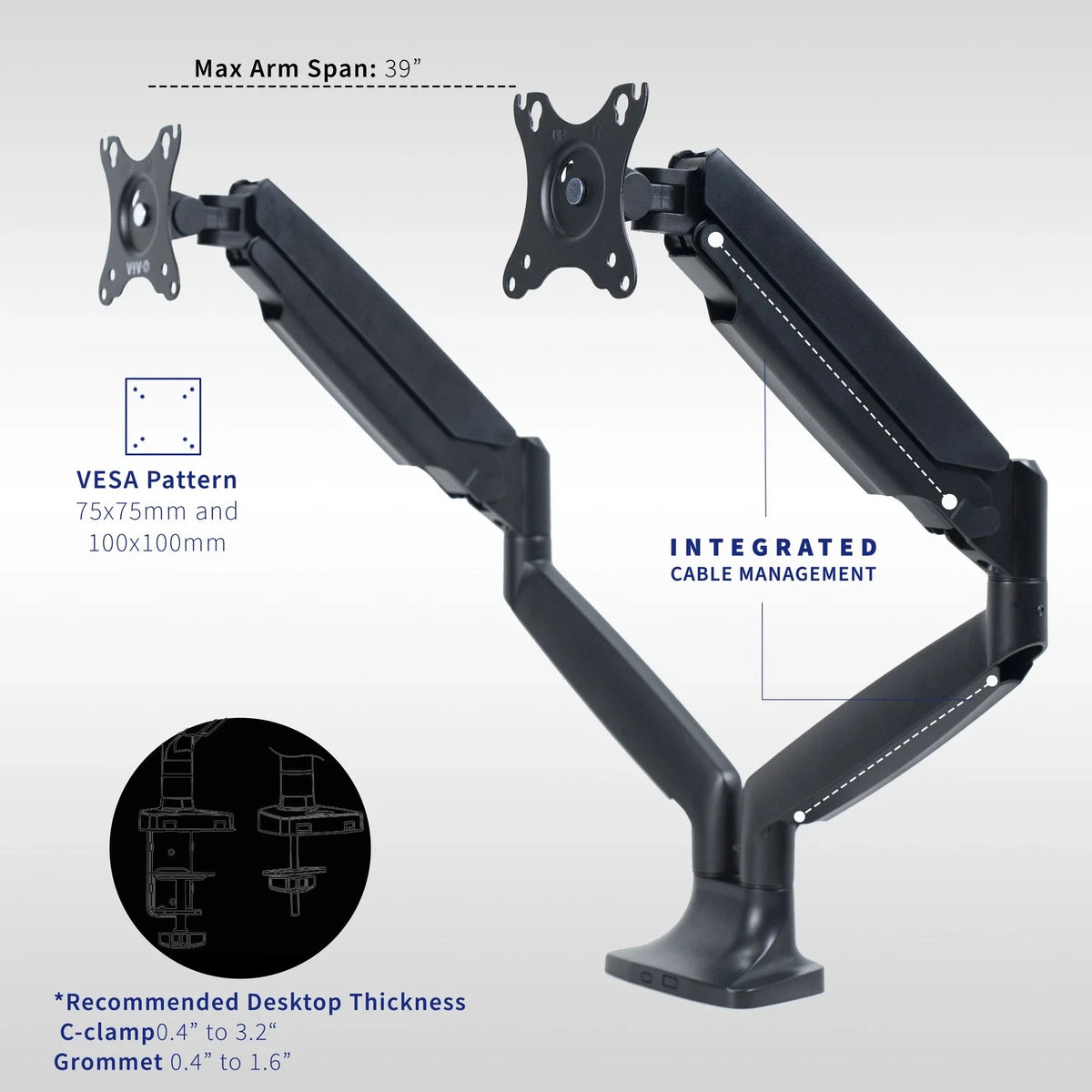 Dual Ultrawide Monitor Desk Mount 40 Inch Pneumatic Spring Arms Heavy Duty VIVO