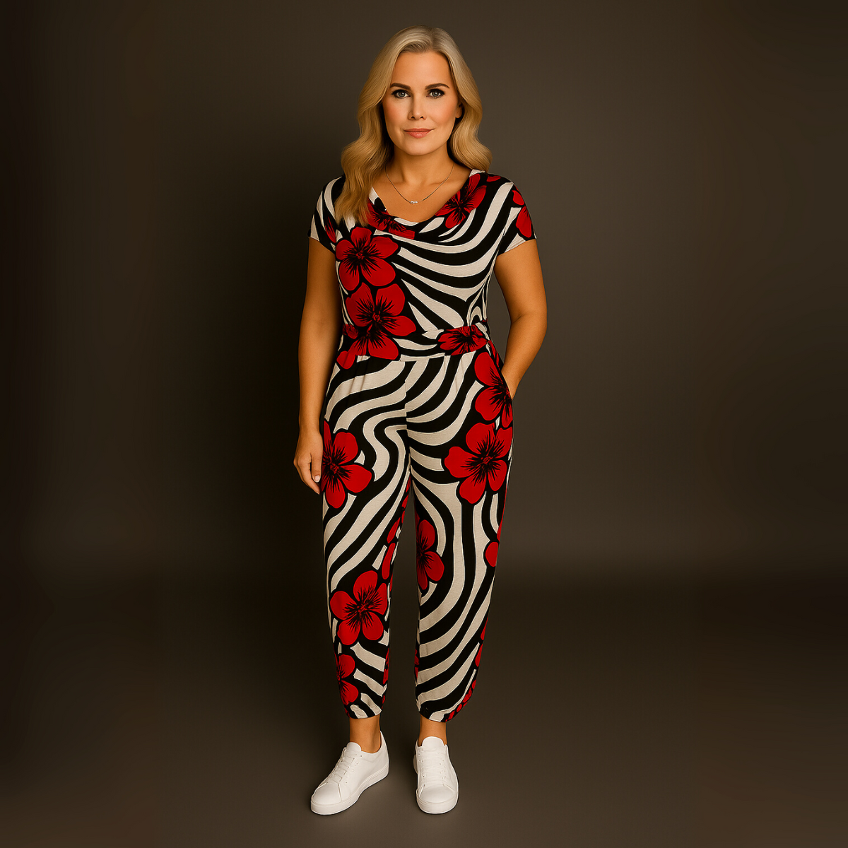Cowl-Neck Cap-Sleeve Jumpsuit with Side Pockets