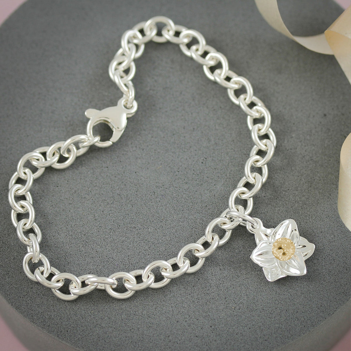 Daffodil Flower Silver & Solid Gold Charm