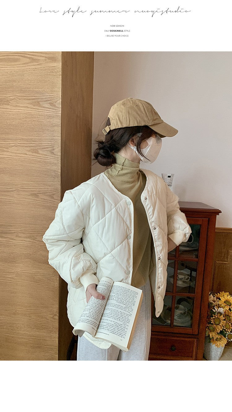 Collarless Rhombic Cotton-Padded Jacket