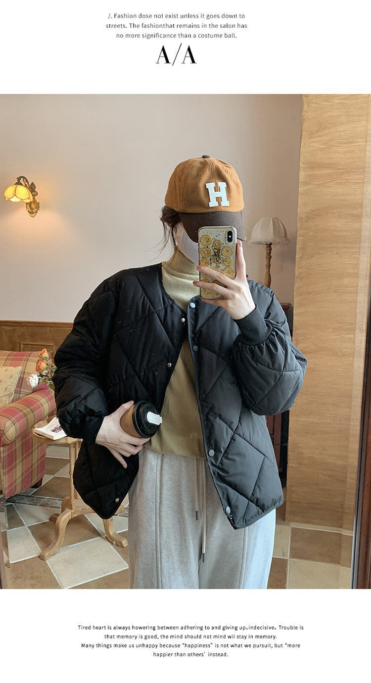 Collarless Rhombic Cotton-Padded Jacket