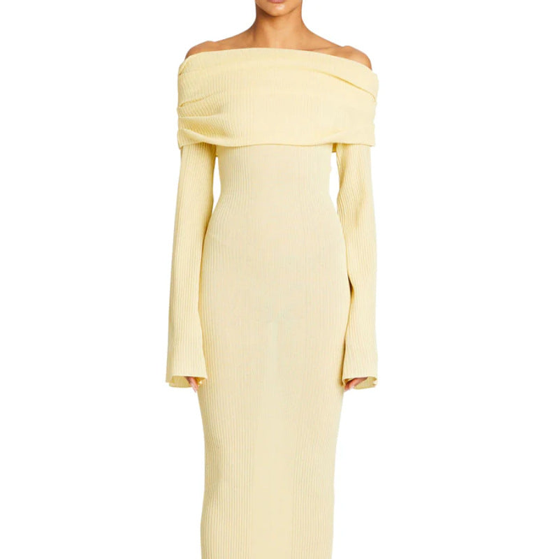 off-shoulder pleated knit dress