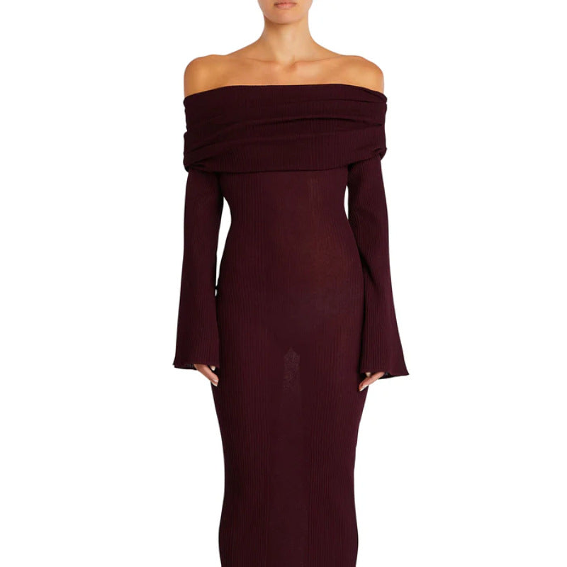 off-shoulder pleated knit dress