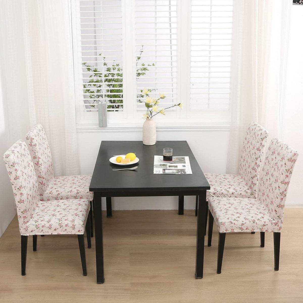 Stretch Chair Covers Pink Floral Spandex Slipcovers for Dining Chairs (4 Pack)
