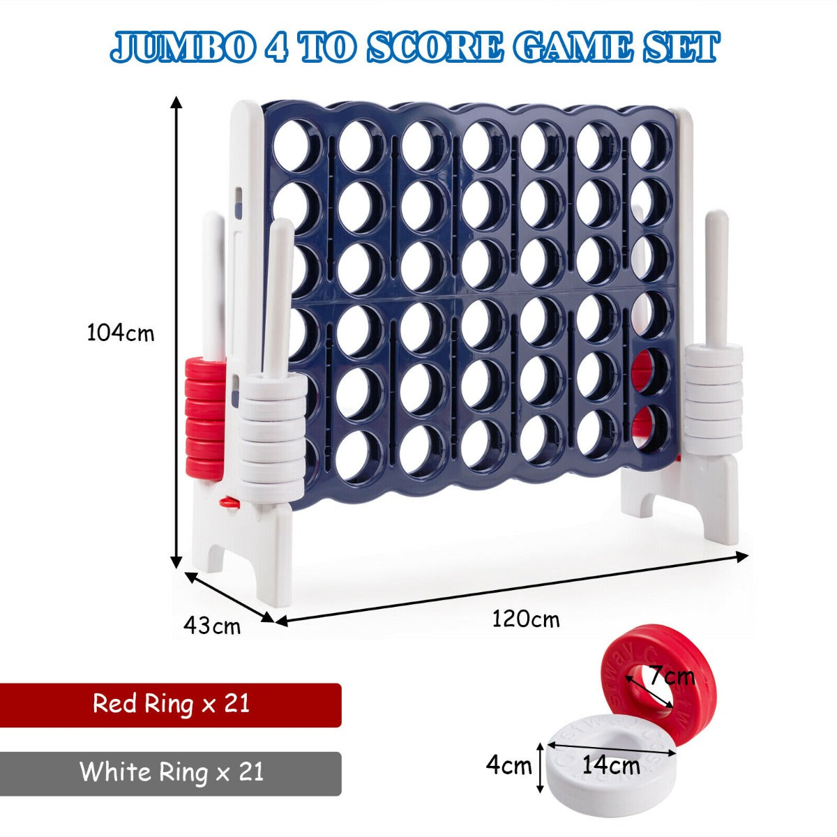 Giant 4 in A Row Game Set with 42 Jumbo Rings and Sliders-Blue