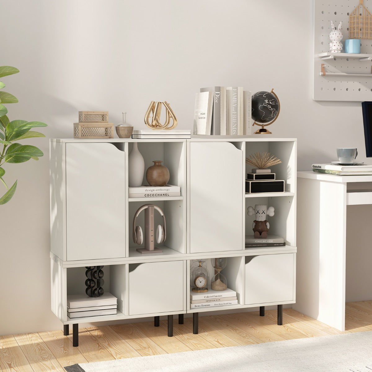 Stackable Bookcase with Adjustable Shelf and Cubes for Living Room Bedroom-White