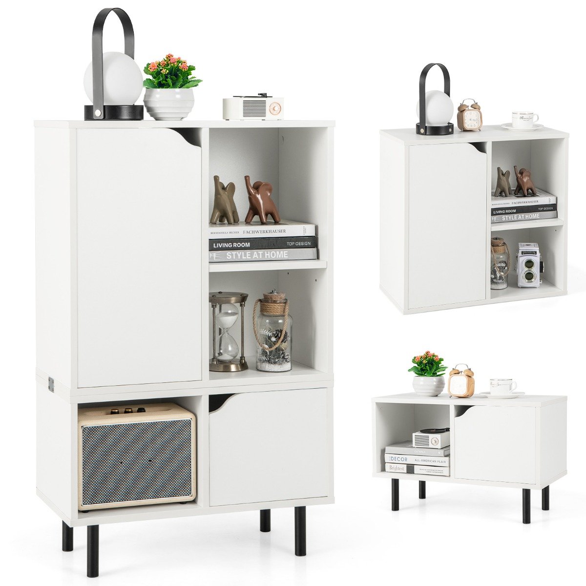 Stackable Bookcase with Adjustable Shelf and Cubes for Living Room Bedroom-White