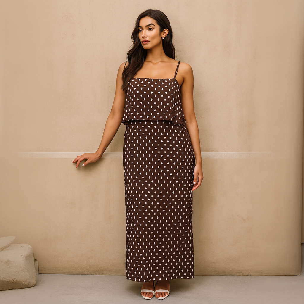 Polka Dot Pleated Strappy Maxi Dress