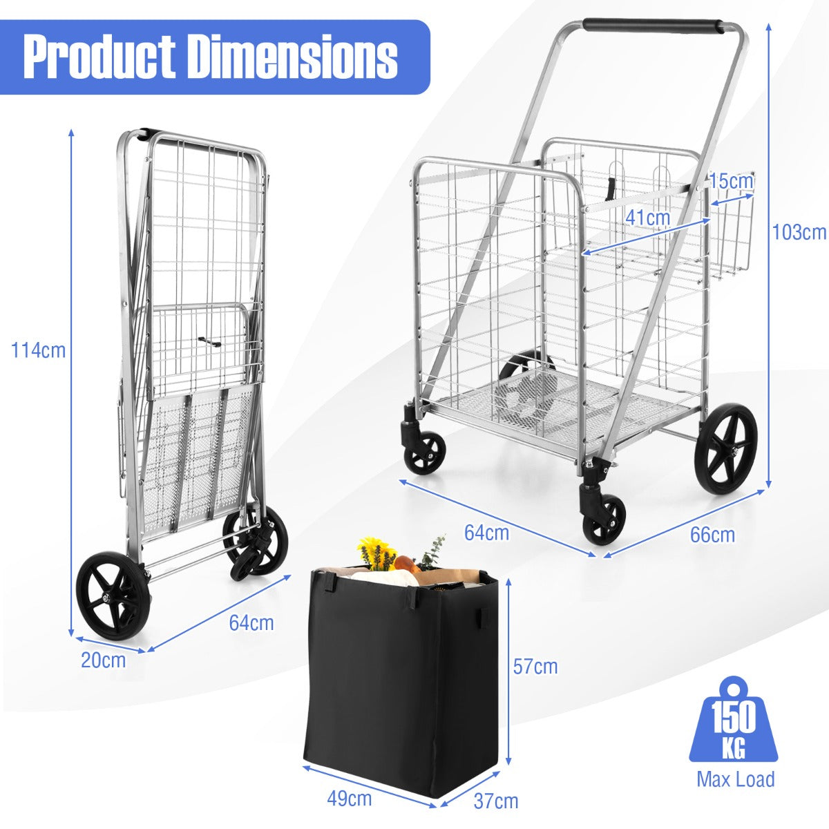 Folding Shopping Cart with Waterproof Liner-Black