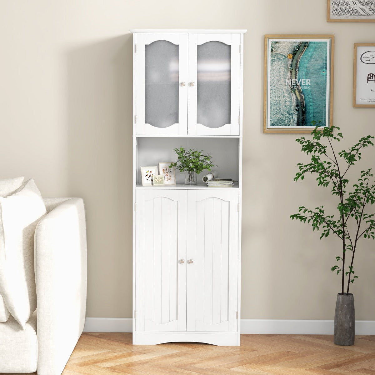 Tempered Glass Door Pantry Cabinet with 3-Position Adjustable Shelves-Black