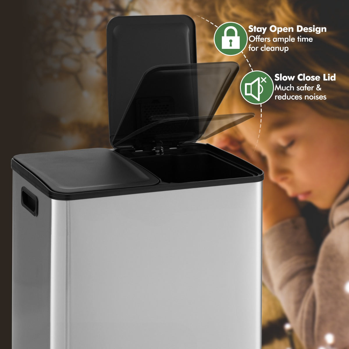 Trash Can with 2 Deodorizer Compartments and Soft Close Lids-Black