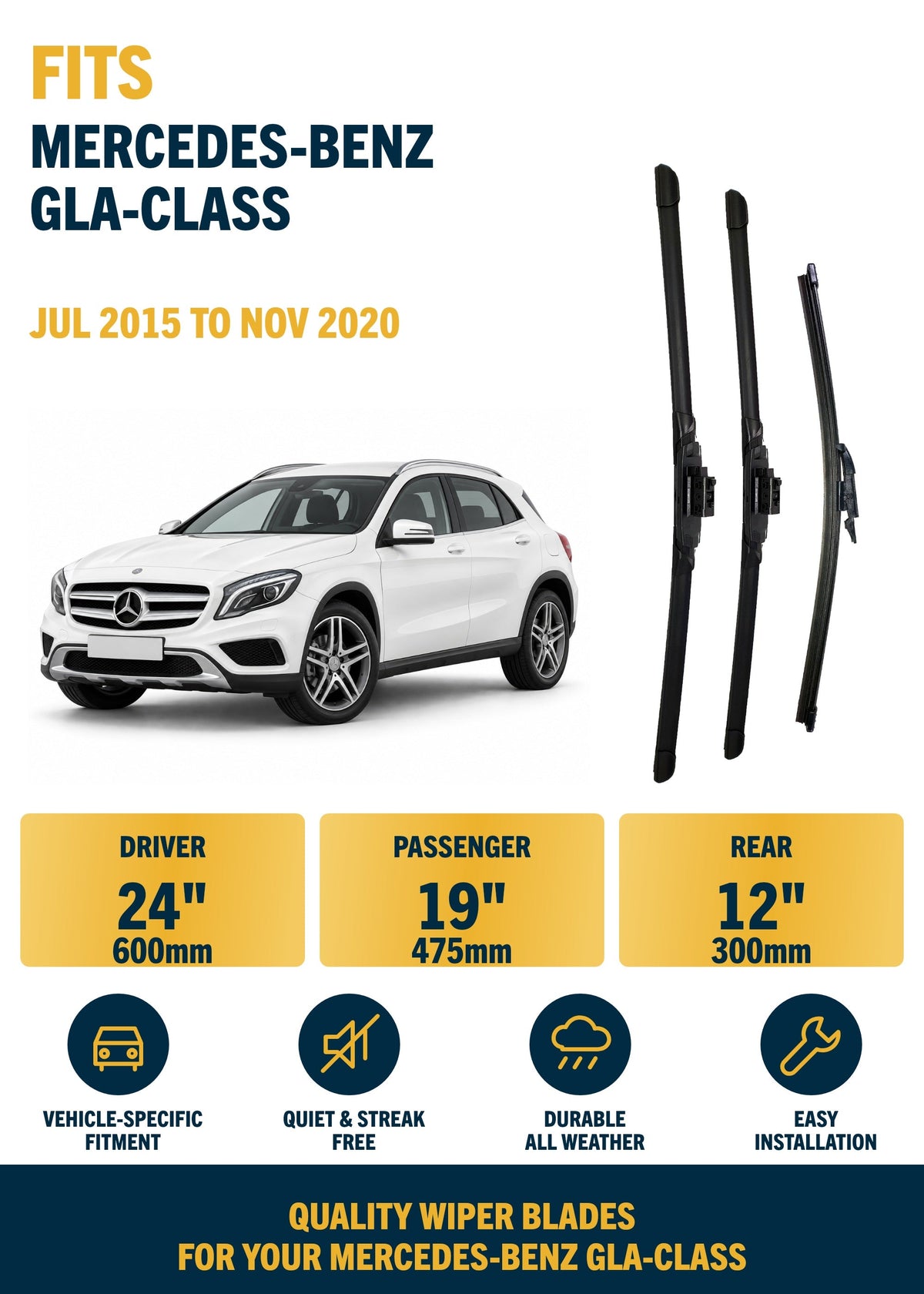 Mercedes-Benz GLA-Class SUV Jul 2015 to Nov 2020 Front & Rear Wiper Blade Set