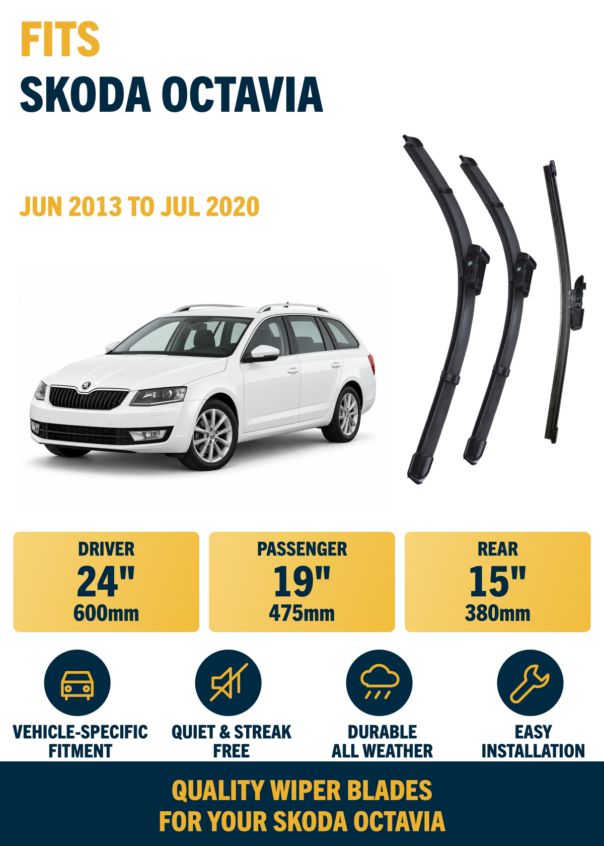 Skoda Octavia Estate Jun 2013 to Jul 2020 Front & Rear Wiper Blade Set