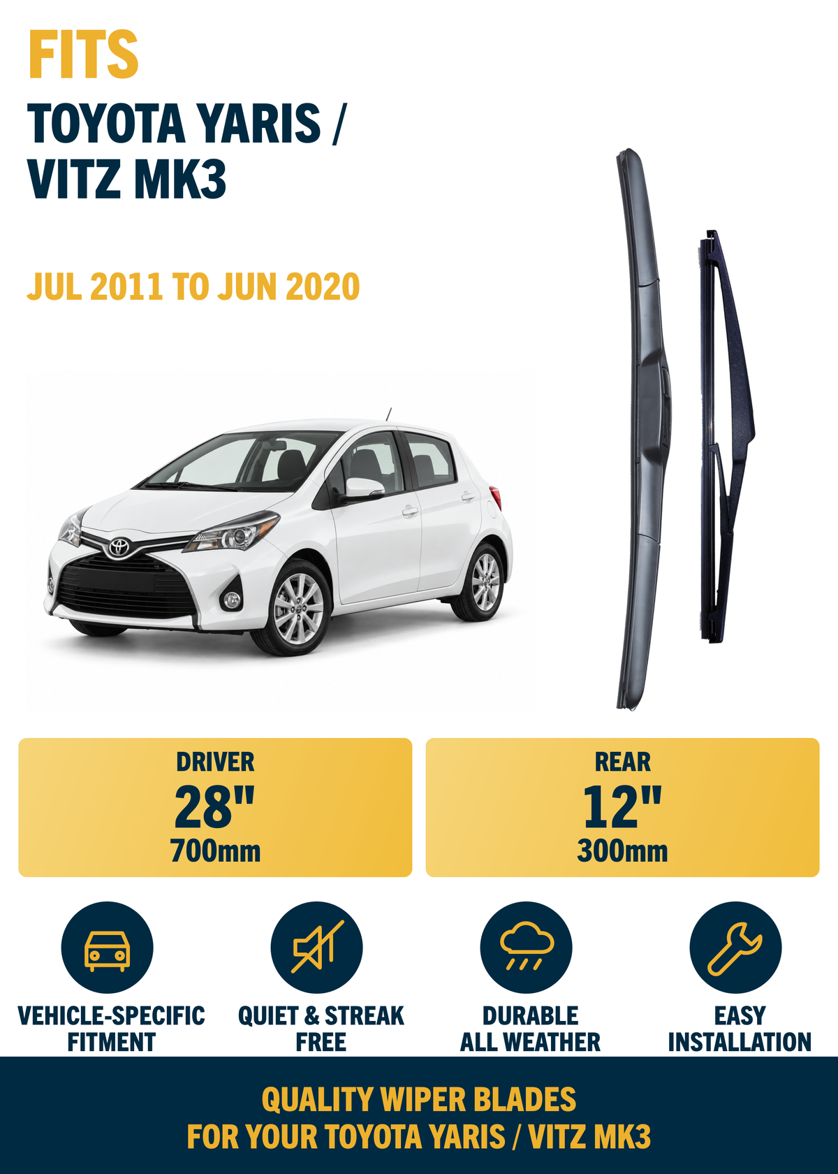 Toyota Yaris / Vitz MK3 Hatchback Jul 2011 to Jun 2020 Front & Rear Wiper Blade Set