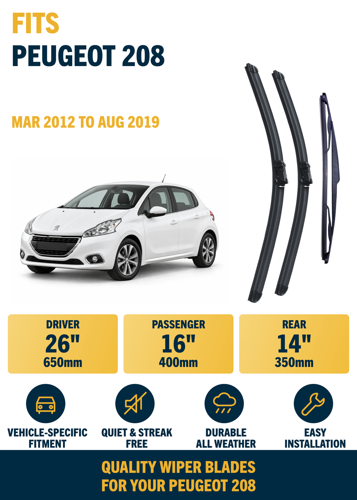 Peugeot 208 Hatchback Mar 2012 to Aug 2019 Front & Rear Wiper Blade Set