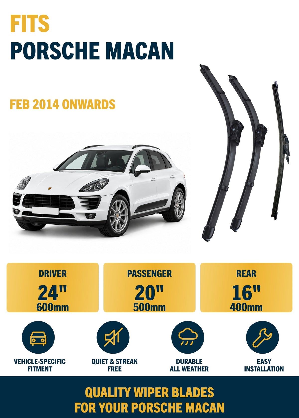 Porsche Macan SUV Feb 2014 onwards Front & Rear Wiper Blade Set