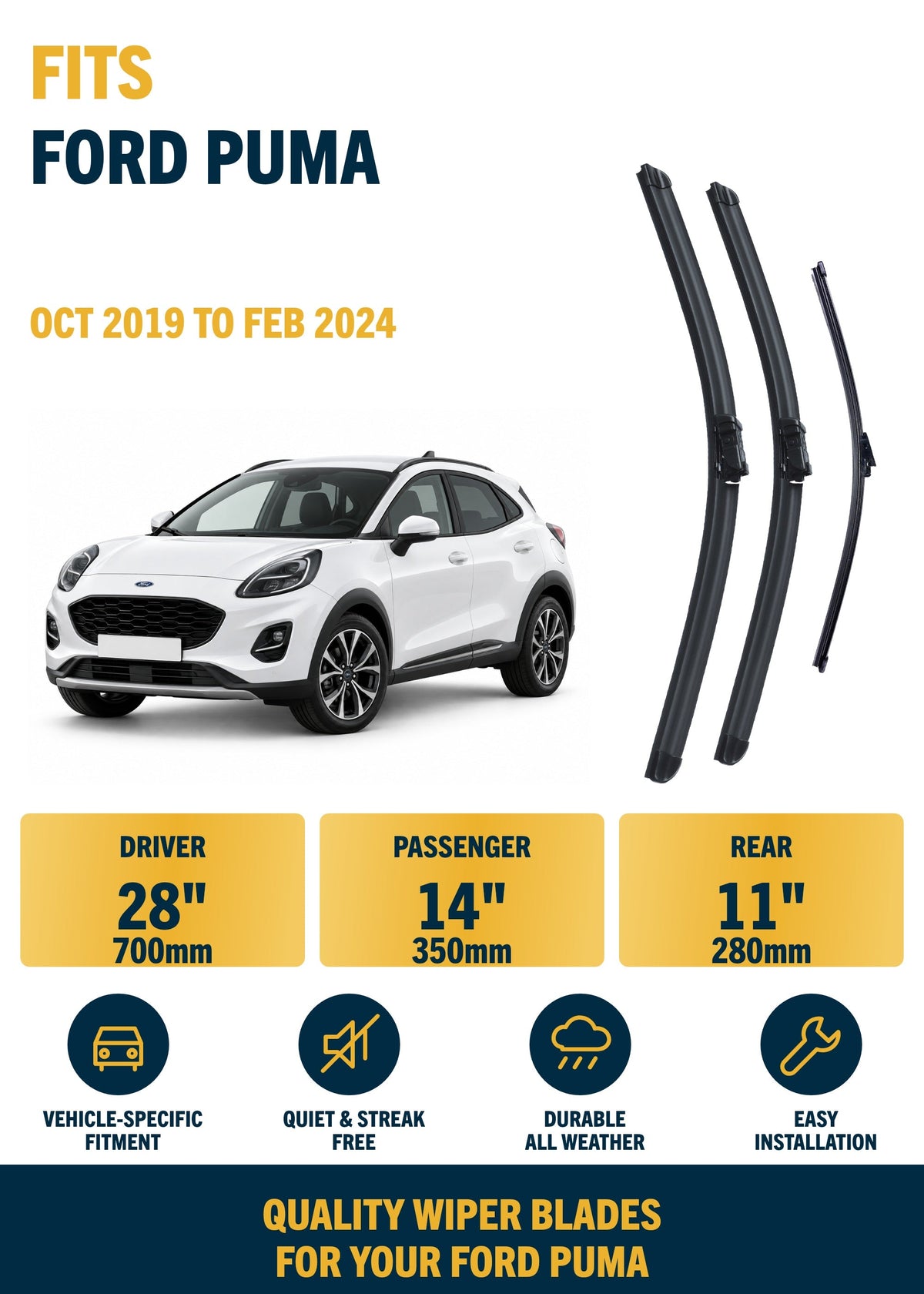 Ford Puma SUV Oct 2019 to Feb 2024 Front & Rear Wiper Blade Set