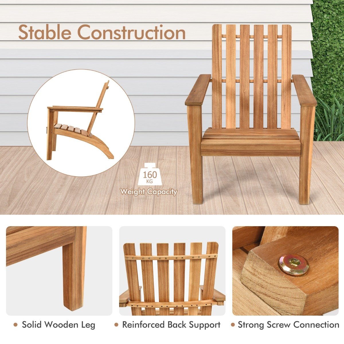 Wood Adirondack Chair with Solid Acacia Wood and 160KG Weight Capacity-Black