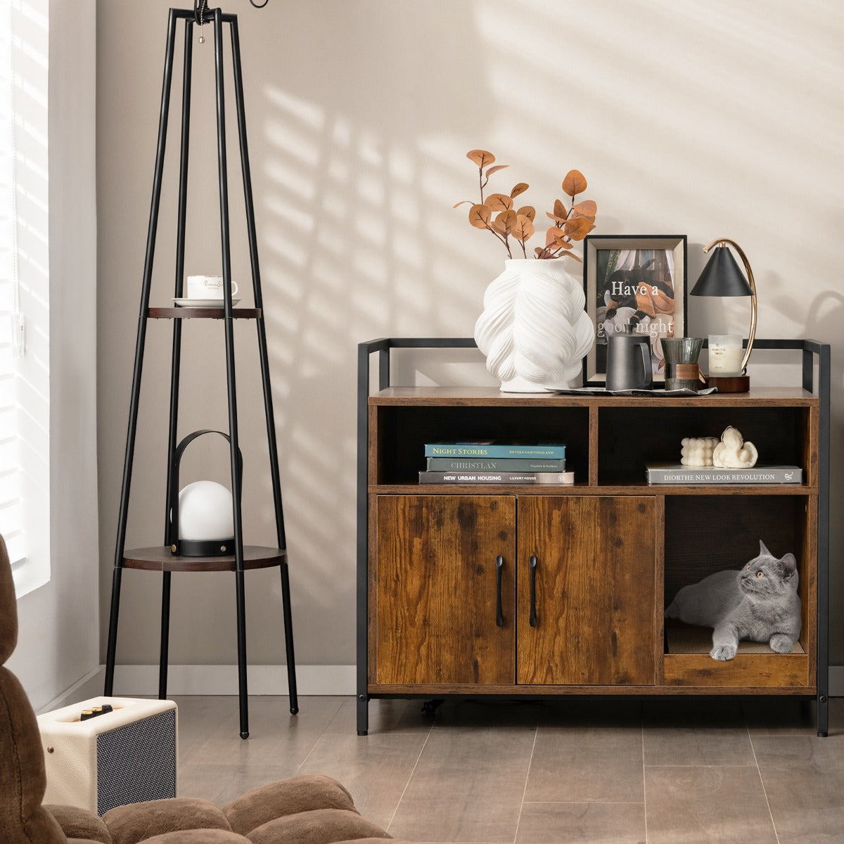 Wooden Cat Litter Box Enclosure with Compartments and Scratching Board-Black