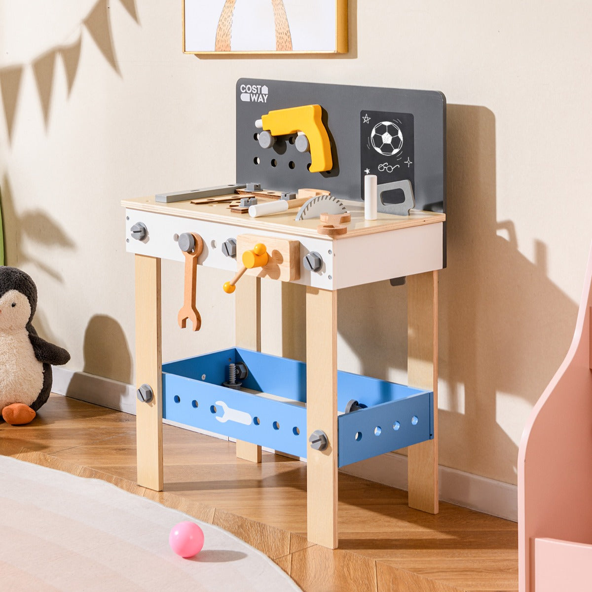 Wooden Toddler Workbench Playset with Pegboard and Storage Shelf